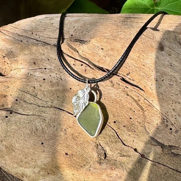 Hand Crafted Jewelry - Green Sea glass Handmade 995 silver leaf charm soldered necklace beach